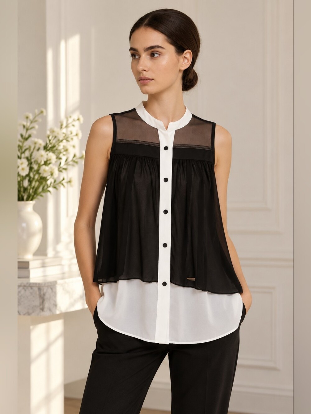 DOCA Collection Sleeveless Black & White Sheer Layered Blouse – Size M